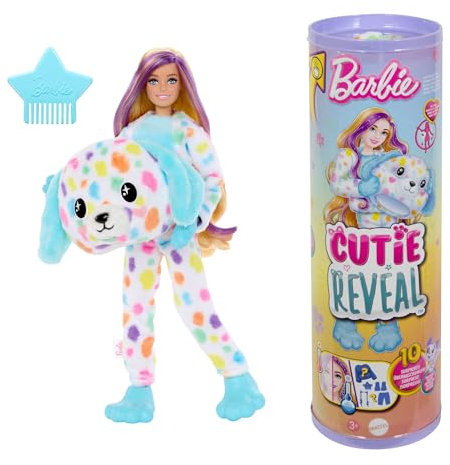 Barbie Cutie Reveal Puppe und Accessoires, Regenbogen-Dalmatiner-Plüschkostüm und 10 Überraschungen mit Farbwechsel, Color Dream-Reihe, HRK41