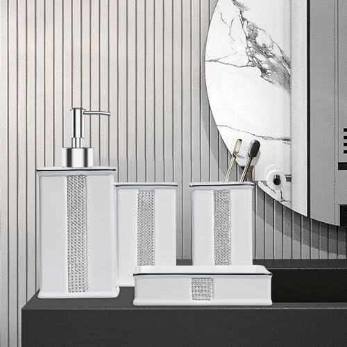 HKDZ 4 Pieces Bathroom Accessories Set, Luxury Ceramic Bathroom Organiser with Diamante, Modern Vanity Organiser Kit with Toothbrush Holder, Soap Dish, Soap Dispenser Home Decor, White