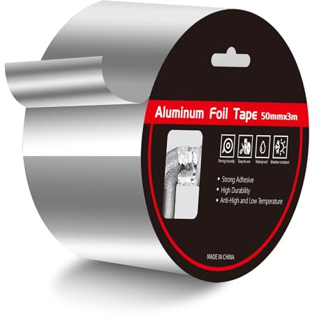 KitchenRaku Cinta de Aluminio 50 mm x 3 m, Adhesiva Resistente al Calor, Sellado Metálico para Altas y Bajas Temperaturas, Autoadhesiva para Reparación