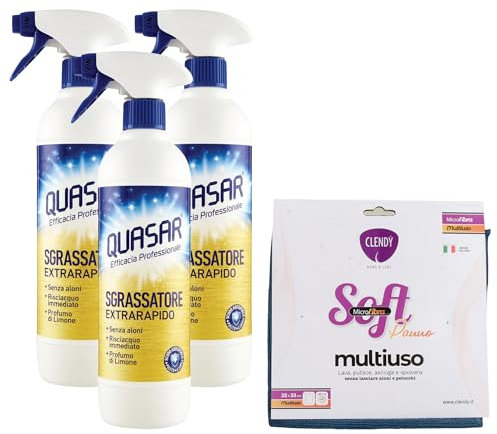 QUASAR SET: 3x Quasar SGRASSATORE EXTRARAPIDO Spray. Senza Aloni, Risciacquo Immediato, Profumo Di Limone. Scudo Antisporco, Pulito Più a Lungo 580ml + Panno SOFT Microfibra Multiuso 33x33