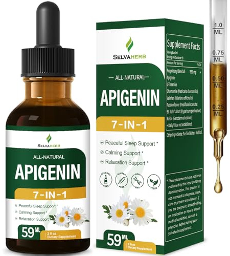 Selvaherb Apigenin Supplements for Sleep, 7-in-1 Formula Drops w/Chamomile Extract & L-Theanine for Calming & Relaxation Support, Fast Apsorption Liquid w/Valerian Root & Passion Flower. 2oz