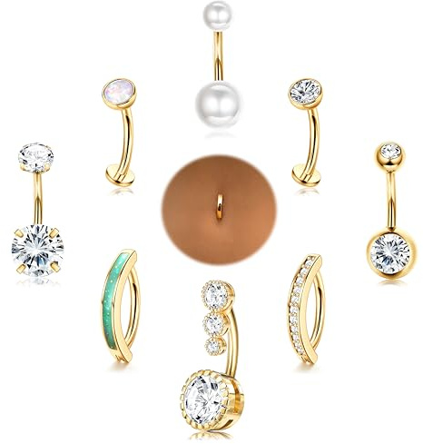 Chriscoco 9 Pezzi Piercing Ombelico Acciaio Chirurgico Argento Oro, 14G Piercing Ombelico, CZ Piercing Ombelico Anello, Piercing Ombelico Gravidanza, Navel Piercing per le Donne, G