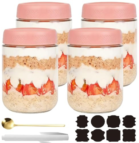 CNKHDZ Övernattning Set om 4 förvaringsburkar för flingor, flingor, snacks, puddingar, yoghurt, 300 ml (4 rosa, 500 ml)