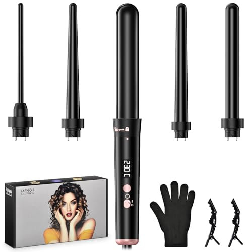 Onftrym Ferro Arricciacapelli 5 in 1,Ferro Arricciacapelli Professionale,Piastra Onde per Capelli con Schermo LCD 160℃-230℃ Regolabile,Ceramica Ferro Capelli Onde,Curling Iron con Guanto e 2 Clips