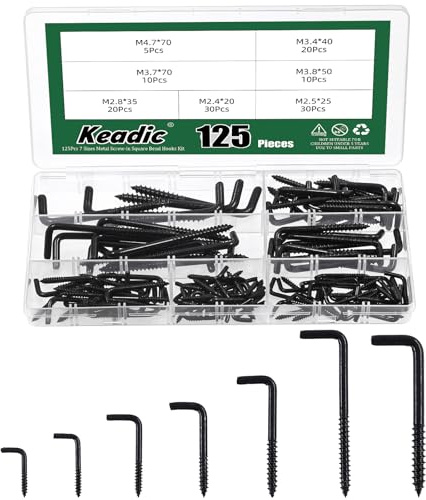 Keadic Lot de 125 crochets carrés à visser en métal plaqué laiton noir sans rembourrage, crochets à vis autotaraudeuses, crochet à angle droit pour cadre photo de type L pour la maison, le bureau et