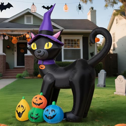 Wothfav 180CM Hinchable Decoracion Halloween Gato Negro Mágico con LED Incorporadas y Estacas y Correas, Calabazas Decoracion Halloween Exterior para Césped Jardín Festival Fiesta Decoración