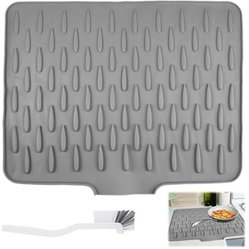 Scolapiatti Silicone 40x32.5 cm, Cuscinetto di Drenaggio Inclinato, Antiscivolo Tappetino Silicone Cucina con Spazzola per la Pulizia, Prova di Perdite Tappetino per Scolapiatti per Cucina, Bagno