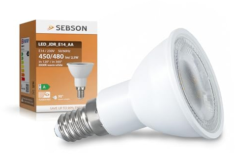SEBSON E14 LED Lampa Varmvit 2,5W 450lm - Energieffektivitetsklass A - Ersätter 50W Halogen - Ljuskälla 230V, 90° Reflektorlampa ø50x70mm - 10 Stycken