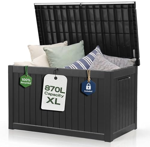 Olsen & Smith 870L XXL Recycled Lockable Garden Storage Box & Bench Seat | 100% Recycled, Padlock Included, Gas-Assisted Lid, Waterproof, Seats Two, Anthracite Wood-Effect, Cushions Tools & Toys