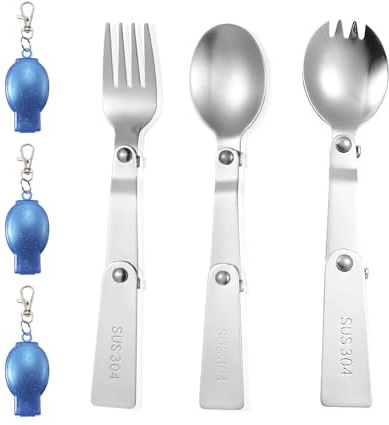 3 stycken vikbara skedar och gaffelset, rostfritt stål fällbara bestick, vikbara bestick med plastförvaringslåda, gaffelset vikbara gafflar, för resor, camping, picknick