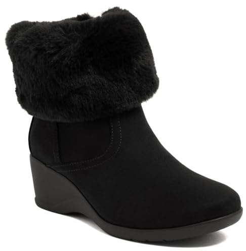 Jones New York Women’s Faux Shearling Cuff Wedge Ankle Boot — Side Zip, Comfort Footbed & Traction Outsole -Carlyta-Black-Size 8