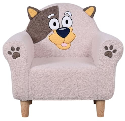 Children's Chair with Embroidered Animal Designs,Wooden Base Toddler Chair for Boys and Girls,Teddy Plush Children's Armchair for Playroom,2-in-1 Convertible Kids Sofa,Kids Foam Couch (Beige)