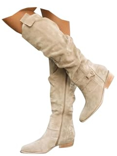Beige Slouchy Knee High Boots for Women UK,Low Chunky Heel Boot with Side Zipper Round Toe Booties Ladies Casual Suede Shoes Winter Non Slip Dressy Comforable Wedge Warm Wide Flat Booties