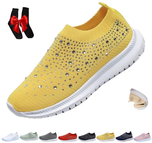 Womens Rhinestone Glitter Slip-on Orthopedic Trainers, Soft Breathable Slip on Sparkle Sneaker Bling Rhinestone Wedge Sneakers