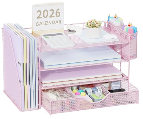 Quhombo Desk Organiser with File Holder,4-Tier Desk Organisers and Accessories with 2 Pen Holders and Drawer,Paper Letter Tray Storage with Magazine Holder for Home Office Supplies(pink)