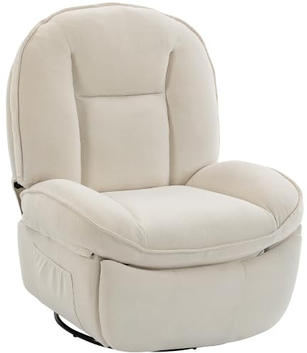 HOMCOM Fauteuil Inclinable en Chenille, Fauteuil Relax, Crème | Pivotant à 360° avec Repose-Pieds, Assise Large, Dossier Épais, Poches Latérales, Poignée de Tirage