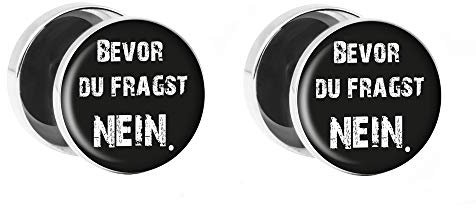 Treuheld® | Bevor du fragst Nein | Fake Plugs im Set | Lustige Spruch Ohrstecker mit Gewinde zum Schrauben | 10mm | Witzige Chirurgenstahl Ohrringe