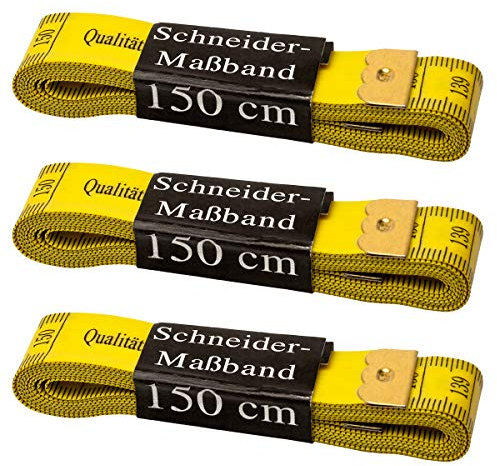 Faden & Nadel 3 x Schneidermaßband, Maßband, Bandmaß in gelb, Länge: jeweils 150 cm lang