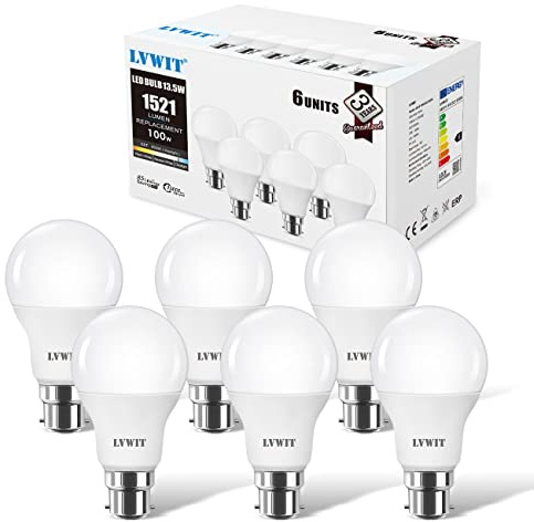 LVWIT Bayonet Light Bulbs 100W Equivalent, Cool White 6500K, 13.5W 1521LM Super Bright Daylight B22 LED Bulbs, BC GLS Energy Saving Light Bulbs, Non-dimmable, Pack of 6