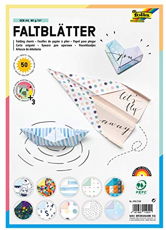 folia 470/2130 Lot de 50 feuilles pliées avec motif imprimé DIN A4, 80 g/m², 10 motifs différents, instructions de montage incluses (français non garanti)
