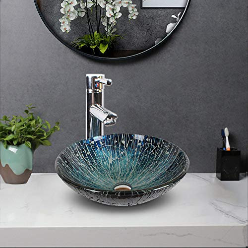 HomeLava Lavabo de Baño de Vidrio Templado Set Pequeño, 30cm Lavabos Sobre Encimera Redondo con Grifo, Utilizado para Hoteles y Baños (Redondo A)