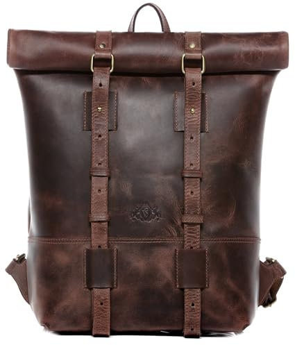 SID & VAIN Rolltop Rucksack echt Leder - 15.4 Zoll Laptop Lederrucksack CHAZ - Rucksack zum Rollen mit Laptop-Fach - Lederrucksack Herren und Damen braun handgefertigt