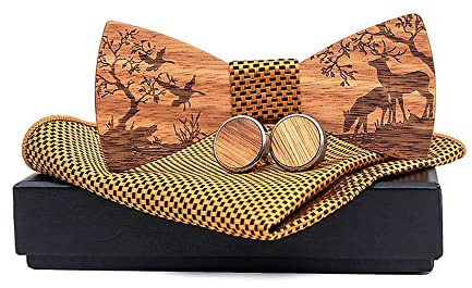 GIVBRO Boutons de manchette carrés en bois avec nœud papillon et boîte pour homme, fête de mariage, déguisement, doré