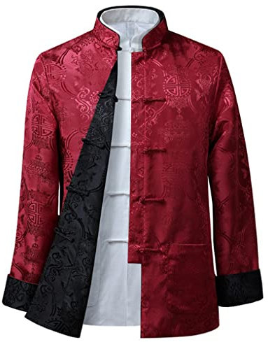 QPZK Kung Fu Jacke Beidseitig tragen Kleidung Herren Stickerei Tang Anzug Herren Hanfu Mantel Traditionelle chinesische Kleidung Baumwolle Leinen Tai Chi Kleidung Kampfsport Kleidung Lang Rot 1-XL