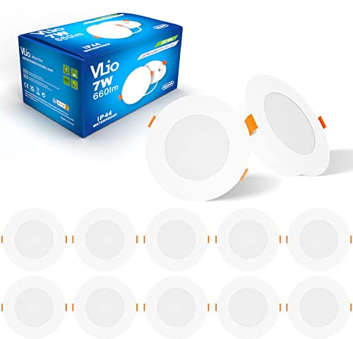 LED Recessed Ceiling Lights Ultra Slim 10 x 7W LED Downlights for Ceiling, 6000K Cool White, 660LM, 95-105mm Cutout, IP44 Round Spotlights for Bathroom Kitchen Living Room