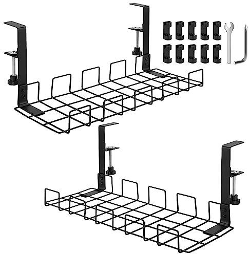 Cable Management Under Desk Cable Tidy, 2 Pack No Drill Under Desk Cable Management Tray, Widen Heighten Metal Cable Tray Basket with Cable Clips Organiser Silicone Pad for Office and Home