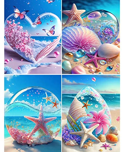 DANXIAN Diamond Painting Full Set, 4 Stück 5D Diamant Painting Bilder Seestern mit Diamond Painting Zubehör DIY Diamant Malerei für Wohnzimmer Schlafzimmer Büro Wand Und Eingang Dekoration