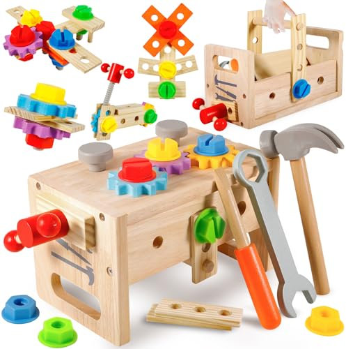 FAMKEEP Werkzeugkoffer Kinder,Farbige Holzwerkzeuge Lernspielzeug,Werkzeugkasten Kinder Montessori Spielzeug,Motorikspielzeug ab 2 3 4 5 Jahre Jungen Mädchen