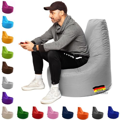 PATCH HOME Gamer Kissen & Lounge Sitzsack – befüllbar mit Reißverschluss, gefüllt mit Styropor, geeignet für In- & Outdoor. Perfekt als Gaming Sessel Sitzkissen (Grau, Ø 65cm x Höhe 70cm Junior)