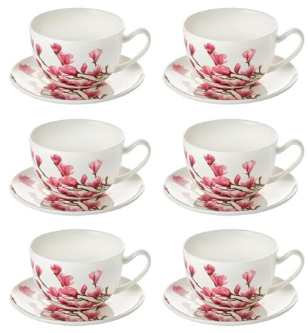 Teemando 6 x jumbokopp Mayumi fint benporslin med tefat, 0,5 l H 11,8 cm, Ø 8 cm