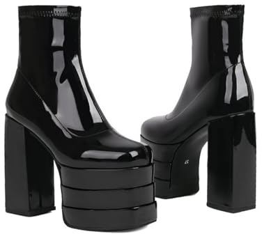 Stivaletti con Plateau con Tacco A Blocco da Donna Punta Quadrata Stivali Corti in Pelle Verniciata,Black Patent Leather,39 EU