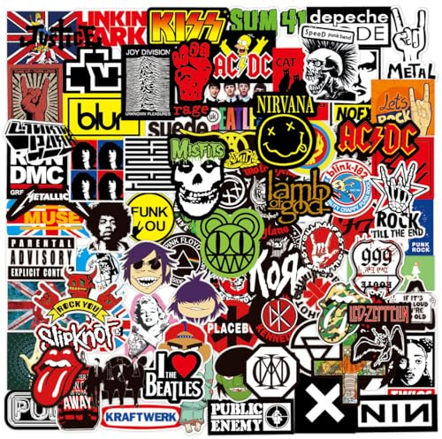 Autocollants Rock Band,100 pièces Autocollant Rock and Roll, Vinyle Étanche Stickers pour Bouteille D'eau Ordinateur Portable Planche À Roulettes Bagages Muraux Ordinateur