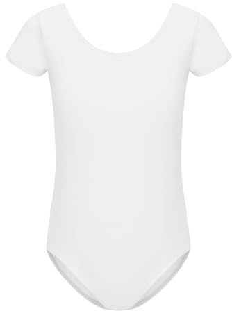 HIPPOSEUS Flicka balettdräkt dans kortärmad klassisk gymnastik leotards bodysuit dräkt danskläder, AM0019, Vitt och blått, 8-9 år