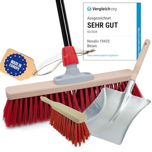 Novaliv Balai de Rue Avec Manche 40 cm, Poils Élastons, Balayette Noire, Pelle et Balayette à Main, Idéal Pour Jardin, Terrasse, Cour, Écurie