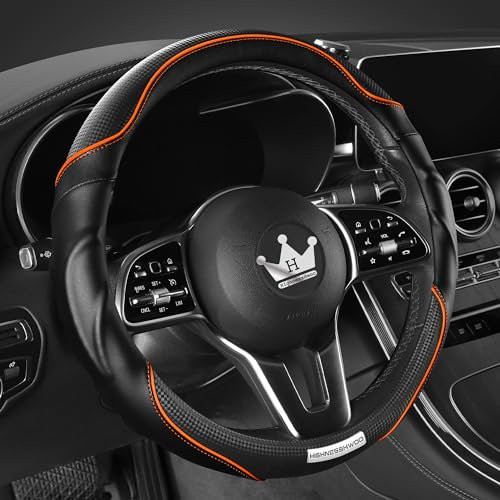HighnessHwoo 3D Car Steering Wheel Cover Comfort Grip Massage Sporty Anti-Slip Carbon Fiber Faux Leather for F150, Trucks, Jeep, Van, Car Handle Covers for All Seasons, 39-41cm, Orange
