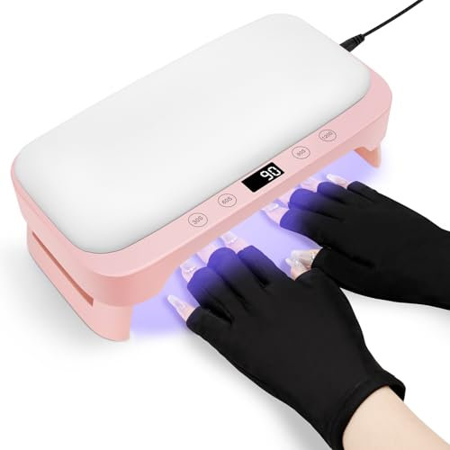 Madenia Lámpara de uñas UV con Guantes UV y Reposabrazos, lámpara LED Profesional para Esmalte de Uñas de Gel, Secador de uñas Plegable de 4 Temporizadores con Reposamanos para Uñas (Rosado)