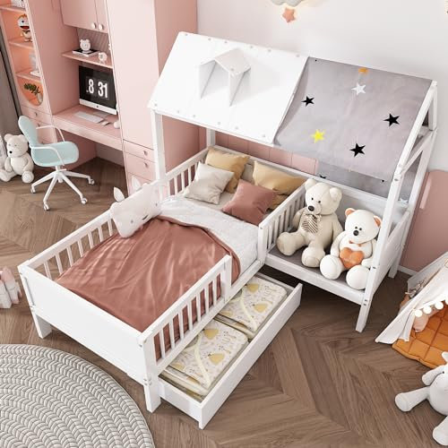 Aoskem Kinderbett Bett 90x200 cm Einzelbett mit Stauraum Schubladen, Kinderbett in Hausform, Sitz mit Kissen und Zeltstoff, Holzbett Bettgestell mit Rausfallschutz und Lattenrost, Ohne Matratze, Weiß
