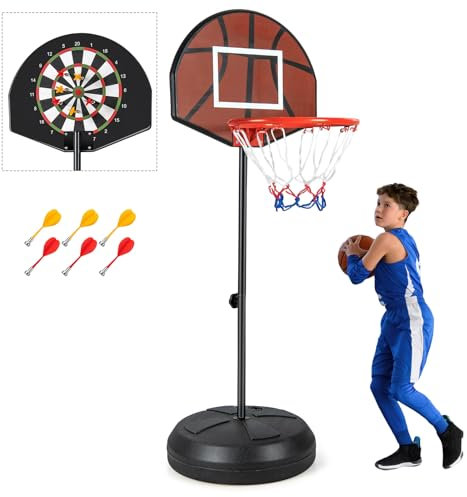 LIFEZEAL 2-in-1-Basketballkorb mit Dartscheibe, Basketballständer für Kinder mit doppelseitiger Seite, 6 Darts, Basketball Hoop höhenverstellbar 130/180 cm