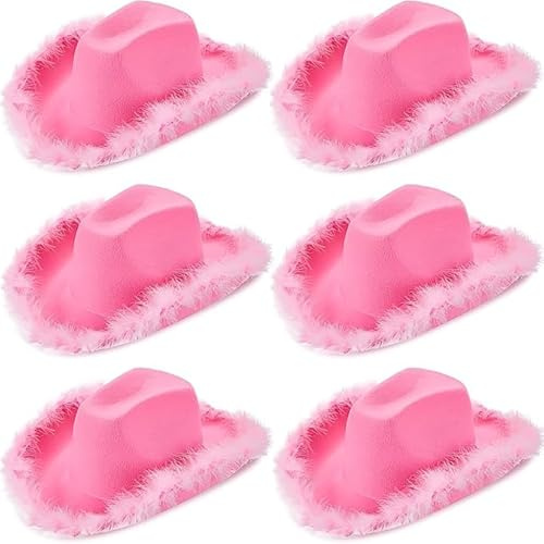 LYCN 6 sombreros de vaquero rosa para mujer, fieltro, sombrero de vaquero occidental con ribete de plumas mullidas para bodas, despedidas de soltera, fiestas de cumpleaños, cosplay, Rosa, 45