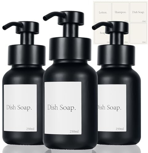 Juego de 3 dispensadores de jabón de cristal negro, 250 ml, dispensador de jabón para ducha, acero inoxidable, dispensador con etiquetas, dispensador de champú para cocina, baño, baño (negro)