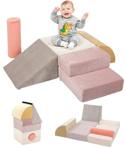 BanaSuper Blocchi di Schiuma Arrampicata per Bambini, Set 5 Pezzi Pieghevole Convertibile Tappetino Gioco, Palestra Morbida Interni per Casa & Asilo, Stimola Motricità e creatività, Rosa