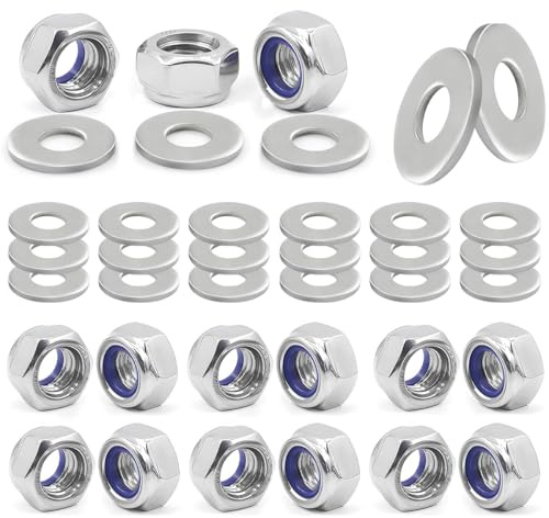 Uqingo 50PCS M5 Nuts Nylock Nuts and 50PCS Washers, M5 5mm 304 Stainless Steel Hex Self Locking Nut, Nylon insert Thread Lock Nut Kits Hexagon for Bolts & Screws (Silver)