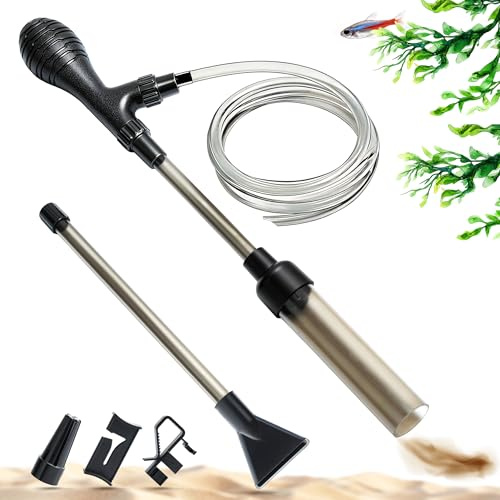PEUZ Aspirador de acuario 2 en 1 limpiador de suelo y cambiador de agua – con 3 accesorios, manguera de 2 m y soporte de manguera, fuerte succión para facilitar la limpieza de grava y barro del suelo