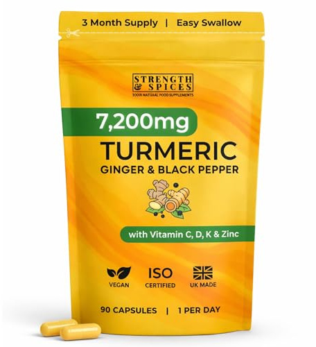 Turmeric Curcumin Capsules 7,200mg, 95% Curcuminoids, with Ginger, Black Pepper & Vitamins C, D3, K2, Zinc – 1‑a‑Day Vegan Supplement – 3 Month Supply – UK Made ISO Certified