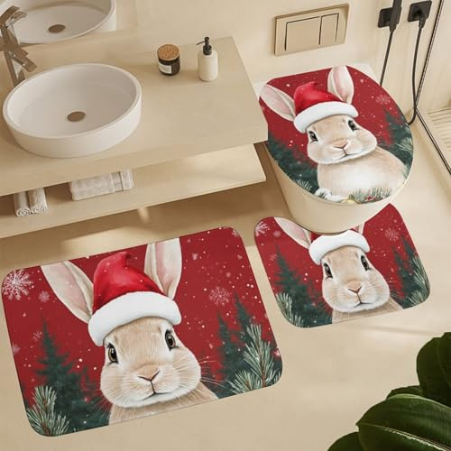3 Piezas Juego De Alfombra De Baño Rabbit Navideño con Gorro Rojo Juego De Alfombrillas De Baño por Encargo Decorar Alfombras De Cama, para Dormitorio, Cocina, Bathroom