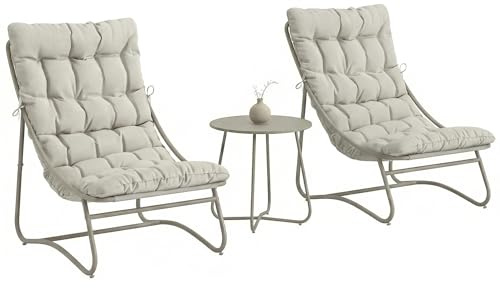 Outsunny Conjunto de Mesa y Sillas de Terraza Exterior de 3 Piezas, Muebles de Jardín Exterior con Cojines, 2 Sillas Lounge Transpirable, Mesa de Café y Marco de Acero, para Patio, Balcón, Gris Claro